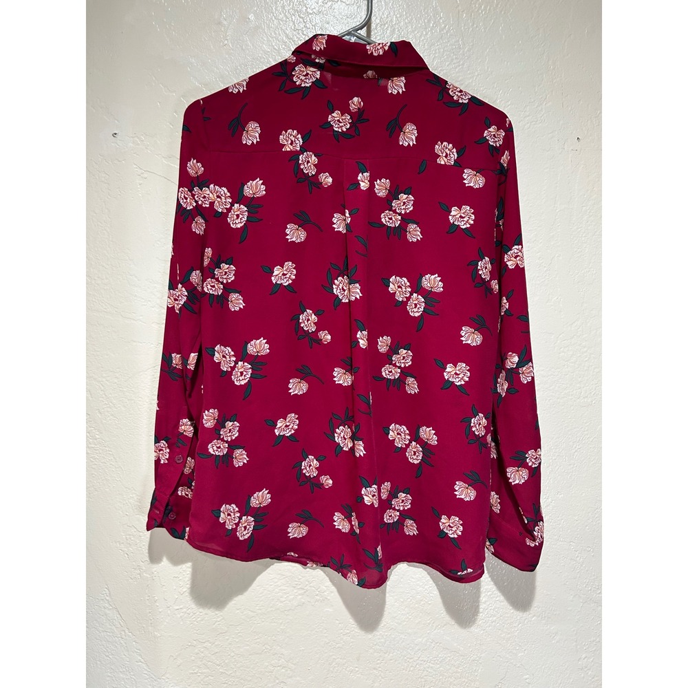 Banana Republic Womens MP Classic Fit Floral Button Up Blouse Berry Red Long Slv - Picture 2 of 9